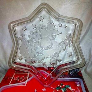 VTG. MIKASA CHRISTMAS STAR CRYSTAL ETCHED FROSTED GLASS 13" HOSTESS SERVER NWT